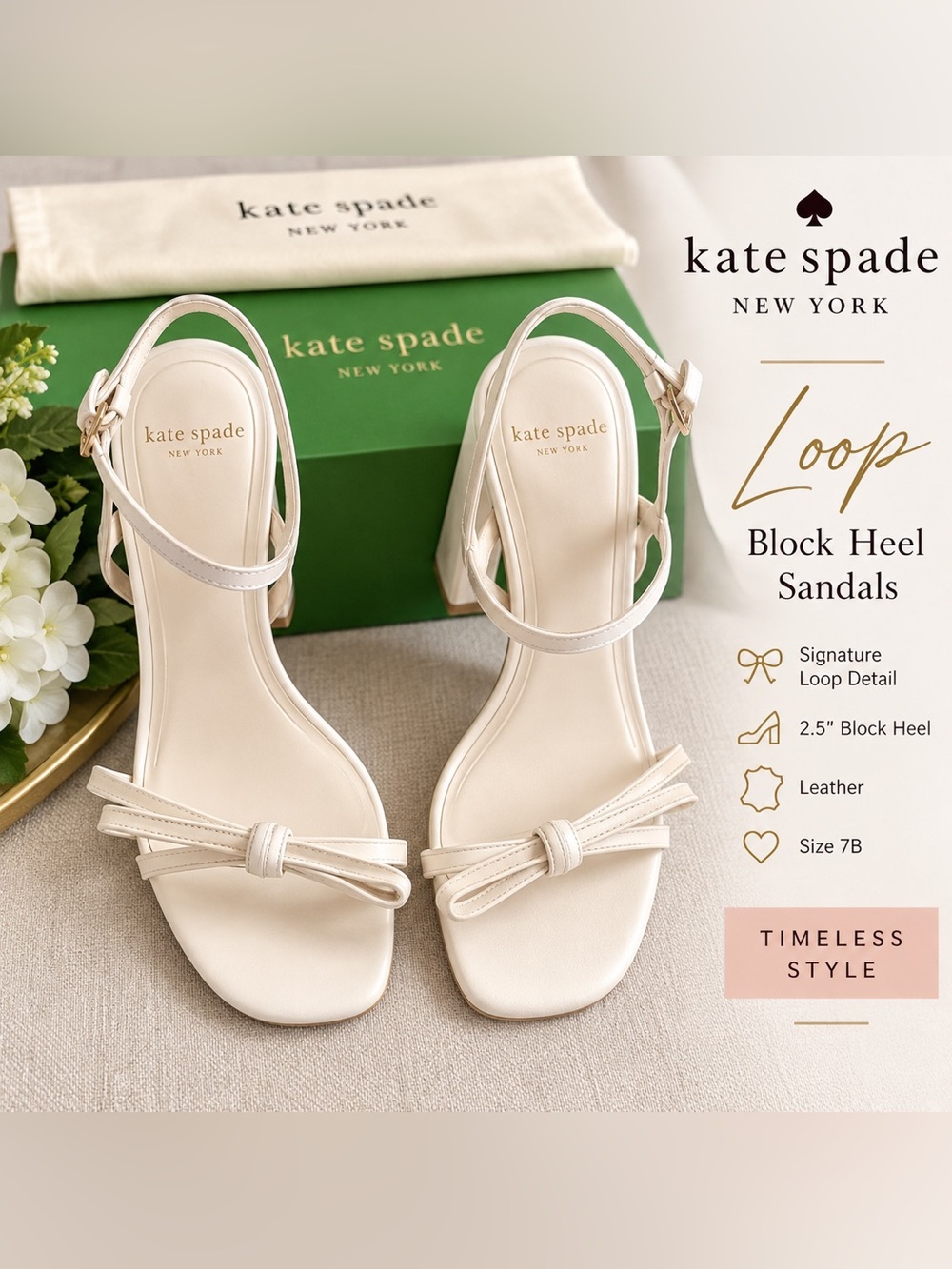 Kate Spade Loop Block Heel Sandals Ivory Leather Size 7B Floor Sample